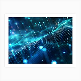 Abstract Background With A Flowing, Wave Like Pattern Of Blue And Green Particles, Lines, And Glowing Dots, Conveying A Sense Of Energy And Movement Art Print