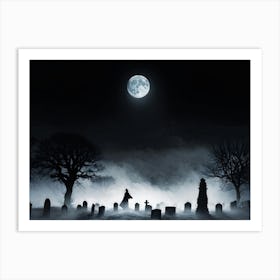 Full Moon Illuminating A Night Sky Clouded By Whispers Of Fog Gravestones Silhouetted Against The E (4) Art Print