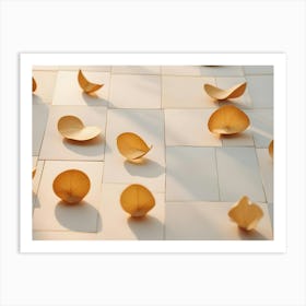 Minimalist Composition Of Delicate Yellow Leaves Arranged On A Grid Of White Squares, Illuminated By Soft Sunlight Art Print