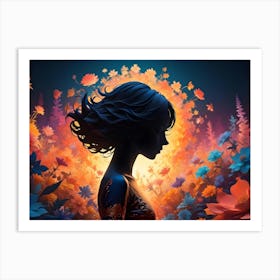 Silhouette Of A Woman With Flowing Hair Surrounded By A Vibrant, Colorful Floral Arrangement Art Print