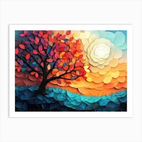 Elegant Colorful Tree with Colorful Leaves Illustration 1 Art Print