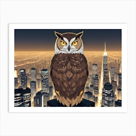 An Owl Perched On Top Of A Skyscraper Overlooking A Cityscape At Night Art Print