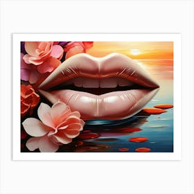 Lips Sunset And Flowers Art Print