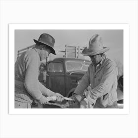 Mexican Labor Contractor And Worker Cutting Straw Ties Into Proper Length, Near Santa Maria, Texas By Russell Lee Art Print