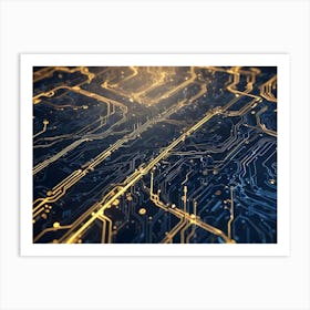 Close Up Shot Of A Computer Circuit Board With Glowing Gold Lines And A Dark Background Art Print