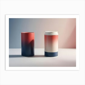 Two Colorful Cans With Gradient Designs On A White Surface Against A Blue And Pink Background Art Print