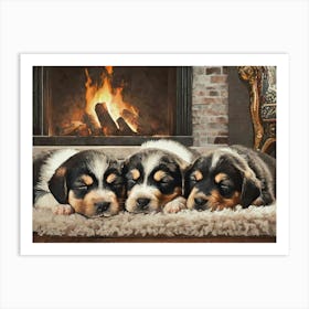 Cosy Puppies by the fire 1 Art Print