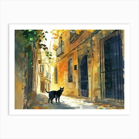 Cadiz, Spain   Cat In Street Art Watercolour Painting 2 Art Print