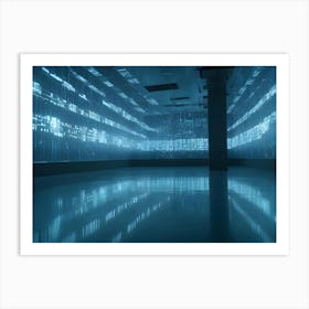 A Dark, Futuristic Room With Glowing Blue Lines And A Reflective Floor Art Print