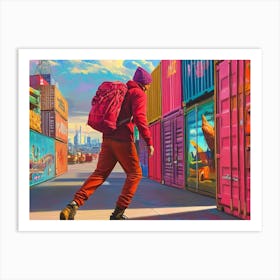 Man Walking Through Colorful Shipping Containers Art Print