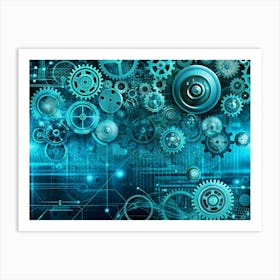 Intricate Clockwork Gears Set Against A Blue Technological Background With Glowing Lines And Data, Symbolizing The Fusion Of Mechanics And Technology Art Print