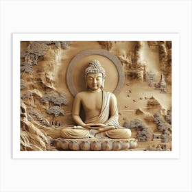 3d Hindu Ancient Religious Buddha Golden Artwork Art Print