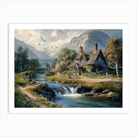 River Mountain with Cottage and Alps View #4 Art Print