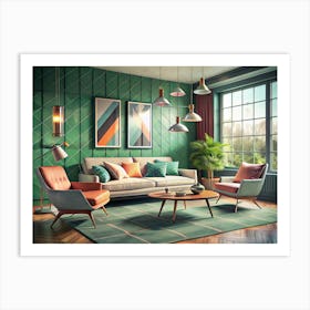 Mid Century Modern Living Room With Green Walls And Colorful Accents Art Print