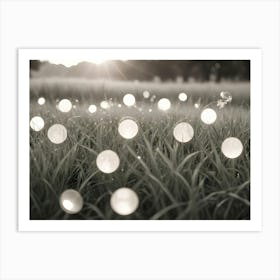 A Black And White Photograph Of A Field Of Grass With Bokeh Lights Creating A Dreamy And Magical Effect Art Print