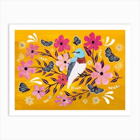 Blue Bird On A Yellow Background Art Print