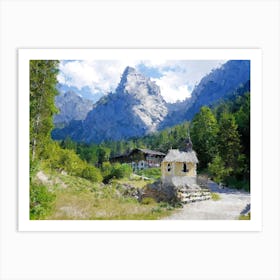 Small Church Near Mountains, Oil Painting Art Print