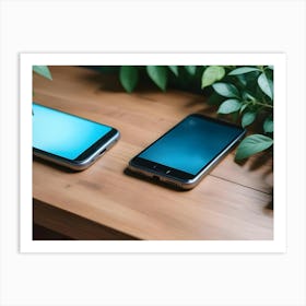 Two Smartphones With Blue Screens On A Wooden Table With Green Plants Art Print