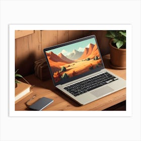 A Photograph Of A Laptop On A Wooden Desk With A Desert Landscape Wallpaper Art Print