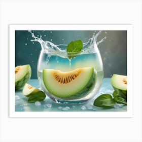 A Slice Of Cantaloupe In A Glass Of Water With Ice And Basil, Surrounded By More Fruit Art Print