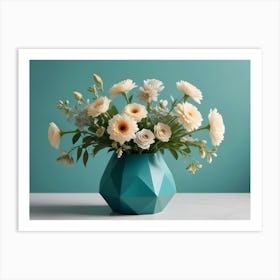 A Bouquet Of White Flowers Arranged In A Blue, Geometric Vase Art Print