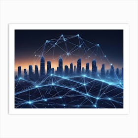 Abstract Image Of A Glowing, Blue Network Over A Cityscape Silhouette Art Print