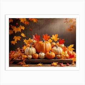 Autumn Themed Table Decoration Scattered Maple Leaves In Warm Shades Intermixed With Small Pumpkin (7) Art Print