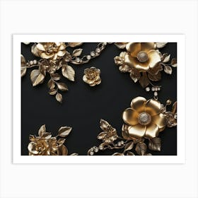 Gold Flowers On Black Background 11 Art Print