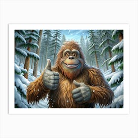 Bigfoot Giving A Thumbs Up In A Snowy Forest Art Print