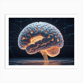 Human Brain With Glowing Nerves On Black Background Art Print