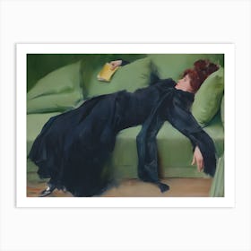 Elegant Woman Resting On Green Sofa – Vintage Art Portrait Art Print