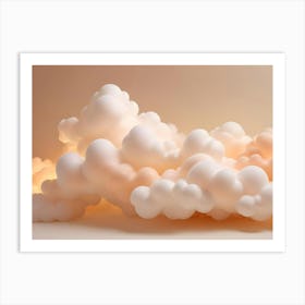 3d Rendered, Fluffy, White And Peach Clouds Float Above A Minimalist Surface Art Print