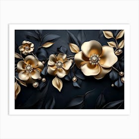 3d Artwork Illustration with Golden Jewelry and Flowers Art Print