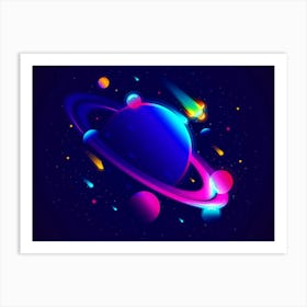 Neon Saturn - space poster art, synthwave art Art Print