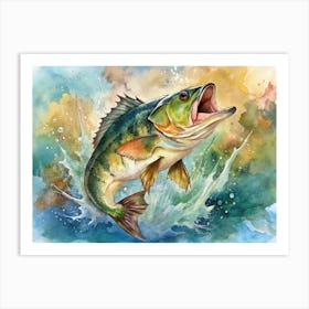 Watercolor Painting Of A Largemouth Bass Leaping From Water Art Print