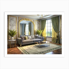 Elegant Living Room Interior With Golden Accents And Green Curtains Art Print