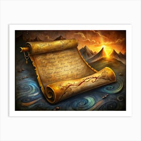 A Rolled Up Ancient Manuscript With Mountains And A Sunset In The Background Art Print