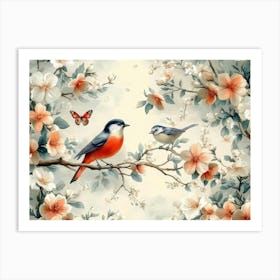 Two Birds Perched On A Branch Art Print