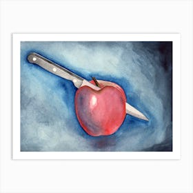 Knife In Apple Watercolor Painting Still Life Blue Red Kitchen Dining Horizontal Hand Painted Art Print