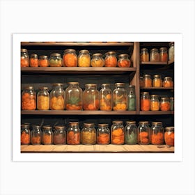 An Illustration Of A Shelf With A Collection Of Jars Filled With Colorful Ingredients Or Preserved Goods Art Print