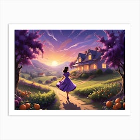 Woman Walking Toward A House On A Hillside Art Print