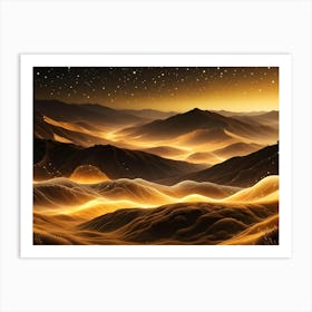 Golden Mountain Landscape Illustration, With Stars In A Night Sky, And Flowing Lights Creating Paths, A Fantasy Aesthetic Art Print