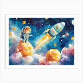 3d Watercolor Space Rocket Adventure Art Print