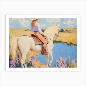 Cowgirl Riding A White Horse By The Lake Art Print