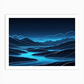 Abstract Image Of A Blue Neon Outline Of A Mountainous Landscape With A Winding River Art Print