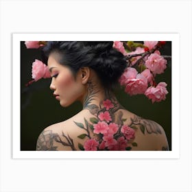 Asian Woman With Cherry Blossoms Tattoos Art Print