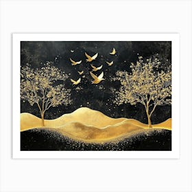 A Golden Landscape with Golden Birds, Trees, And Gold Shapes Art Print