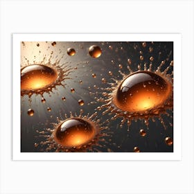 Three Golden Spheres Surrounded By Splashing Liquid, Creating A Sense Of Energy And Motion Against A Dark Background Art Print