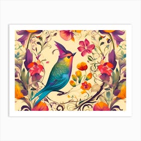 Magnificent Singing Bird Between A Beautiful Flower Decoration - Bright Color Painting Art Print