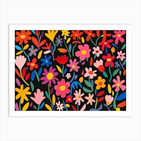 Flowers On Black Background Art Print